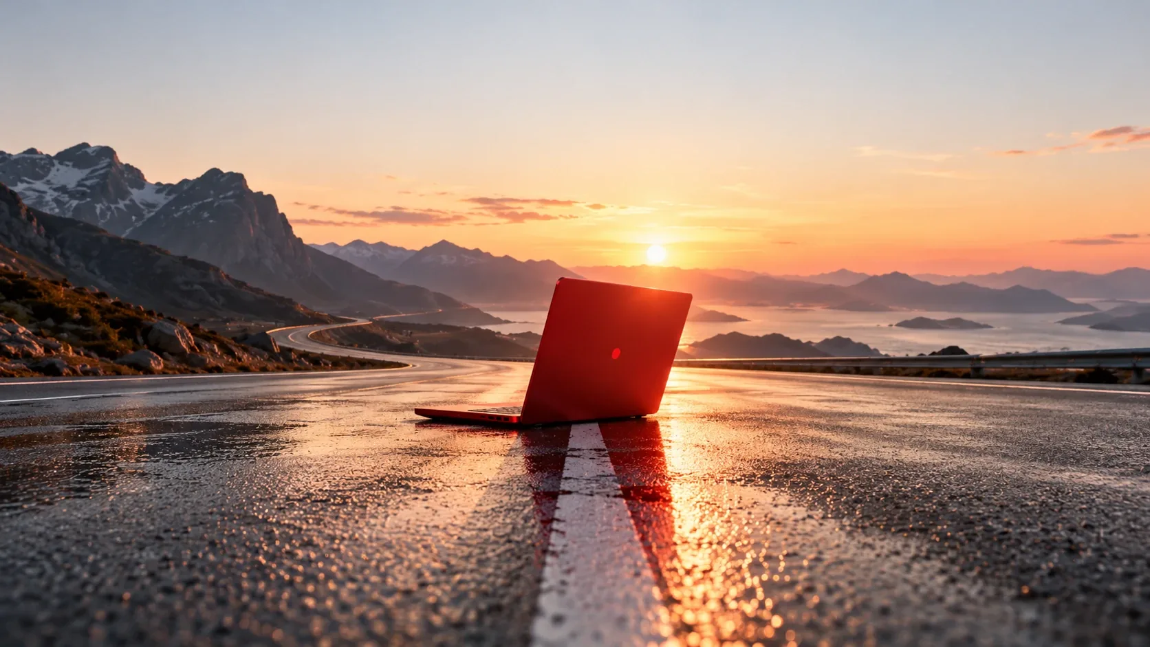 Een rode laptop die openstaat op een natte bergweg bij zonsondergang, met de zee en eilanden op de achtergrond