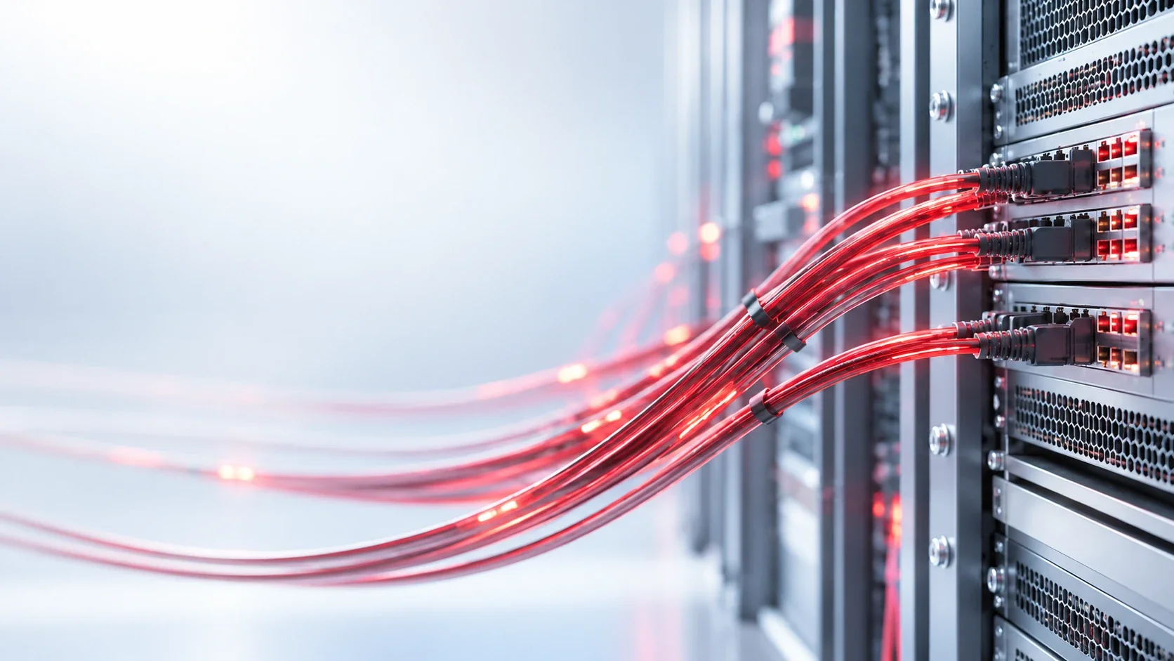 Gloeiende rode netwerkkabels, gebundeld en aangesloten op een serverrack in een licht datacenter